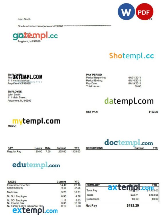 North Main Avenue pay stub Word and PDF example