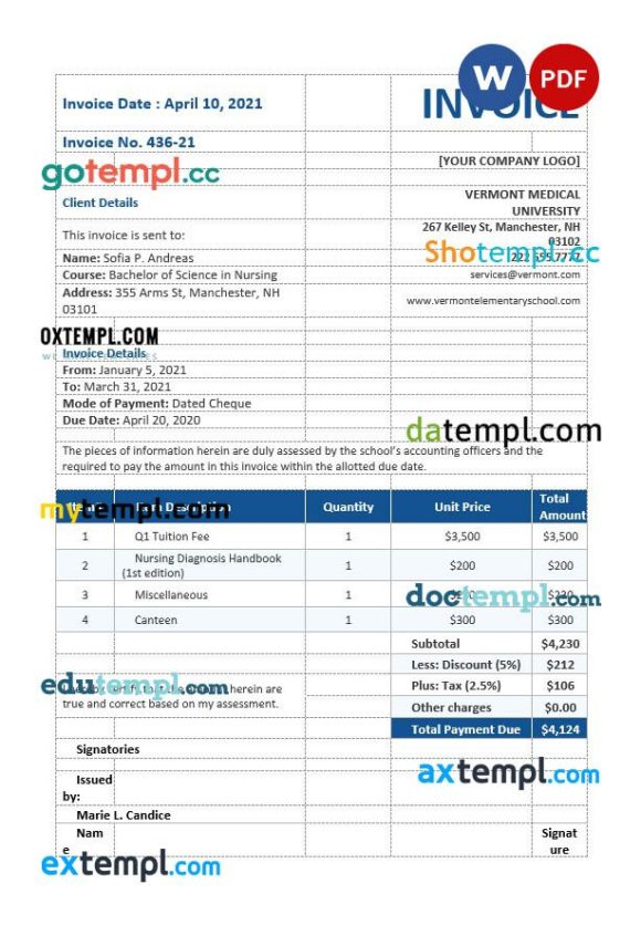 Nursing School Invoice example in word and pdf format