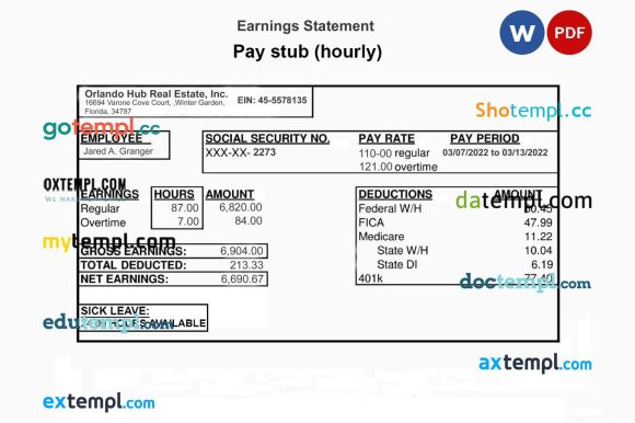 ORLANDO HUB REAL ESTATE inc earnings statement example in PDF and Word format