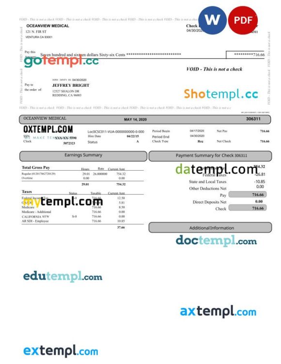 Oceanview medical paystub Word and PDF example