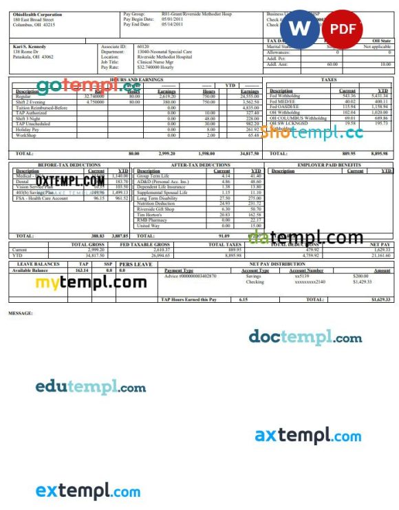 OhioHealth Corporation Paystub Word and PDF example