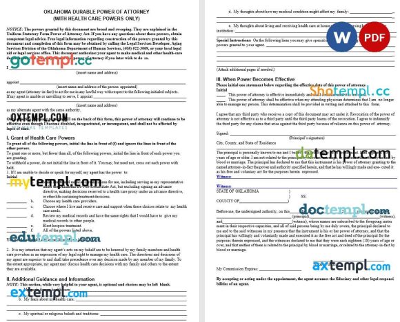 Oklahoma Durable Power of Attorney for Health Care example, fully editable version 1