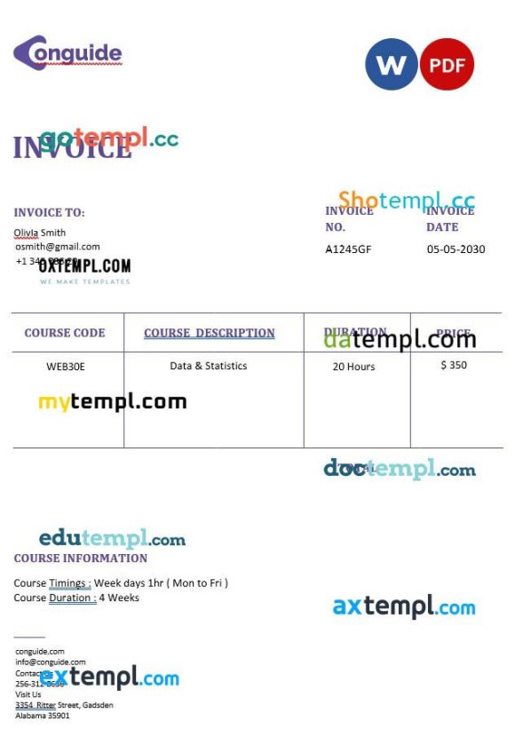 Online Courses Invoice example in word and pdf format
