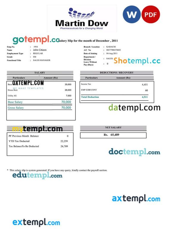 PAKISTAN MARTIN Dow payslip example in Word and PDF formats