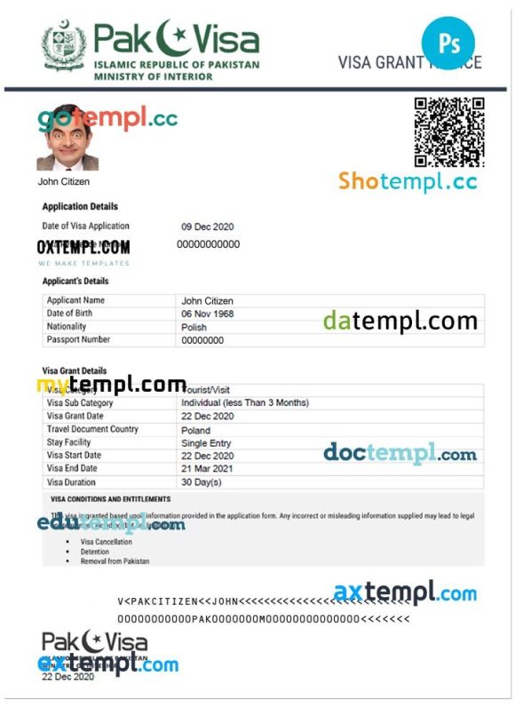 Pakistani electronic travel visa PSD example, completely editable, with fonts