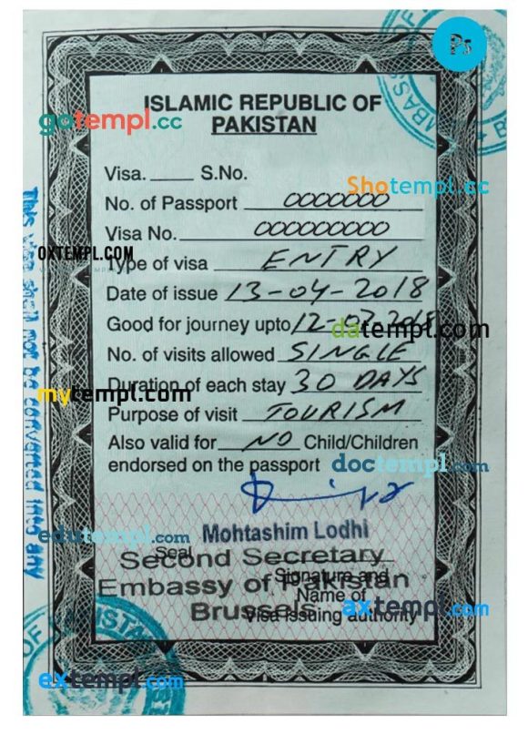Pakistani entry visa PSD example, with fonts