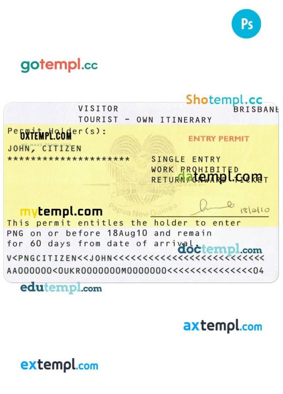 Papua New Guineann tourist visa PSD example, completely editable, with fonts