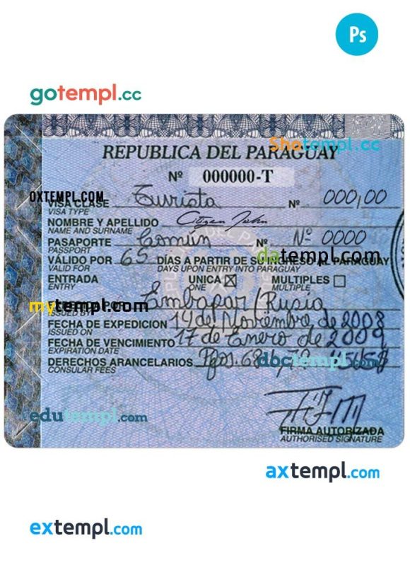 Paraguayan entry visa PSD example, with fonts