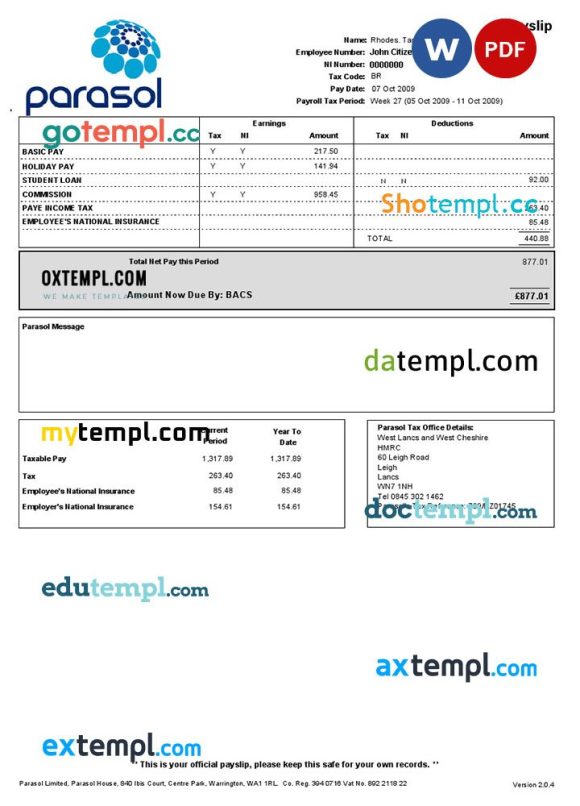 PARASOL Limited paystub example in Word and PDF formats