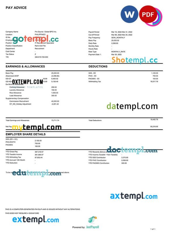 Filipino Pro Source Global BPO Inc. paystub example in Word and PDF format