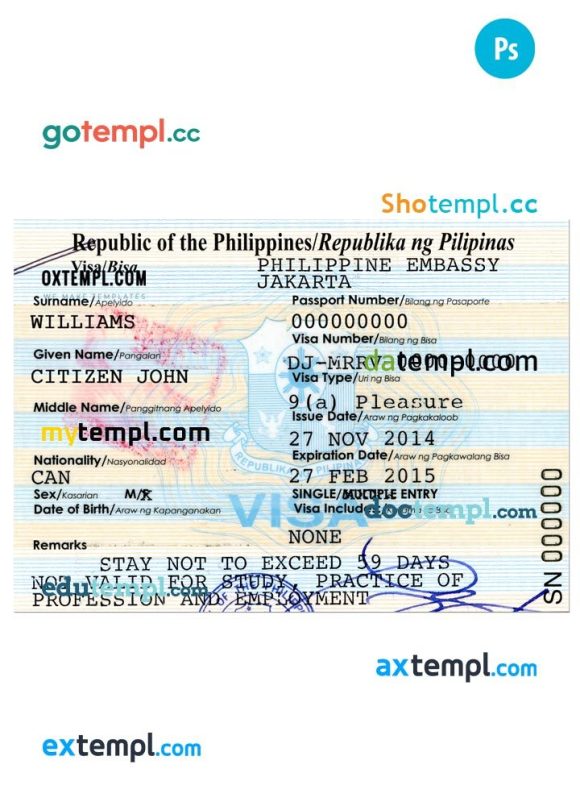 Filipino travel visa PSD example, with fonts