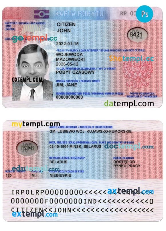 Polish residence permit example in PSD format