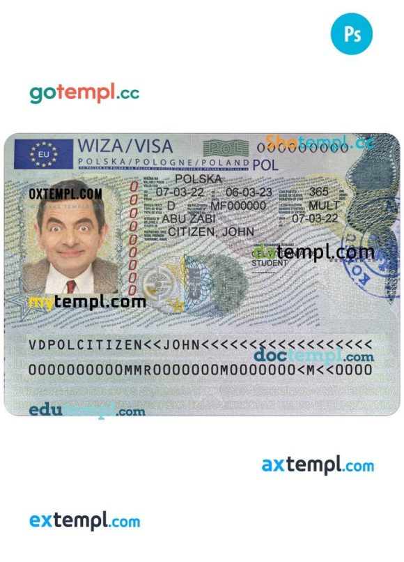Polish travel visa PSD example, completely editable, with fonts