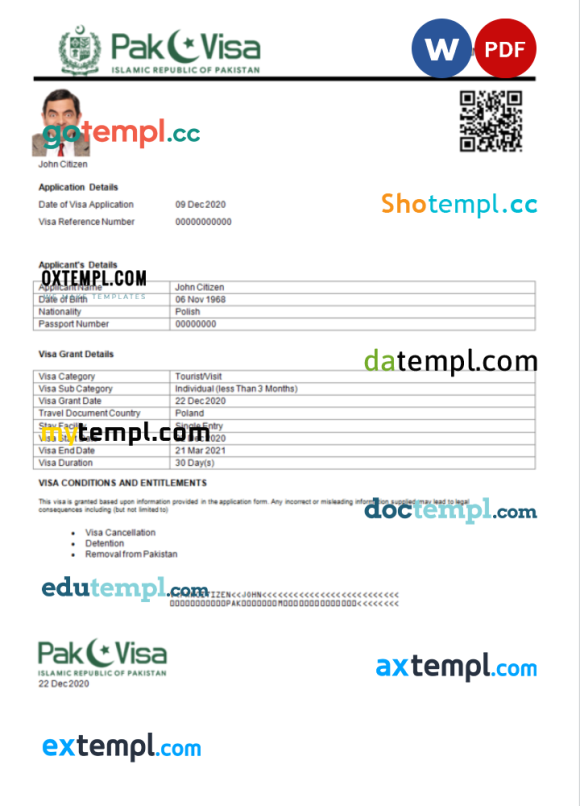 Pakistani e-visa Word and PDF example