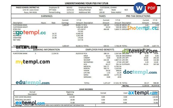 Pasco school district pay stub Word and PDF example
