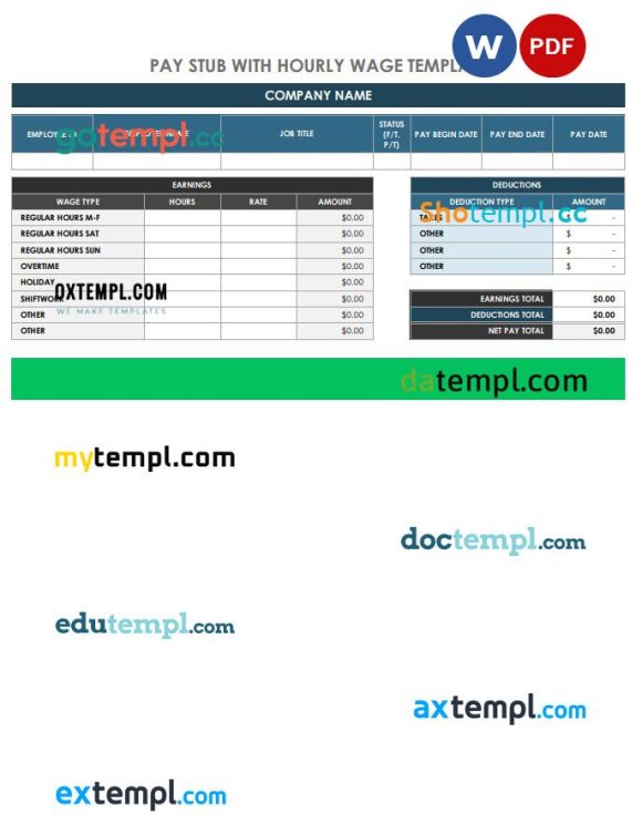 Hourly wage paystub Word and PDF example, version 2