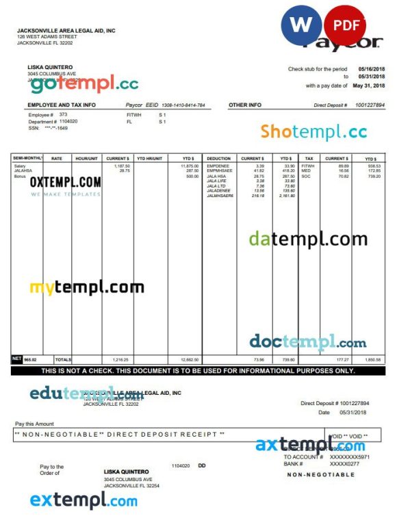 Paycor paystub Word and PDF example
