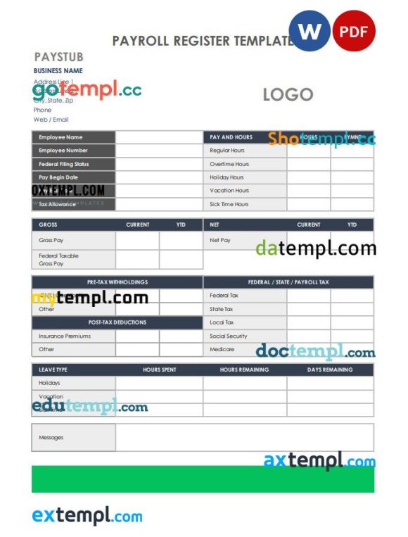 Payroll Register Word and PDF example