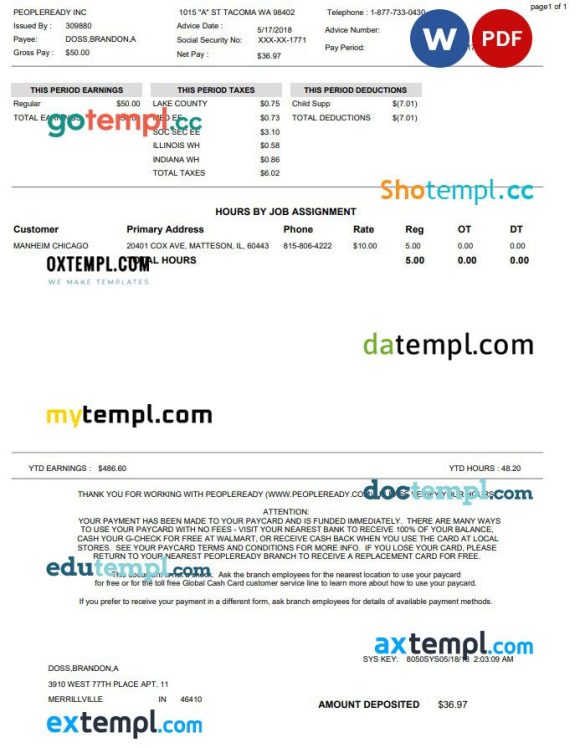 Peopleready Paystub Word and PDF example