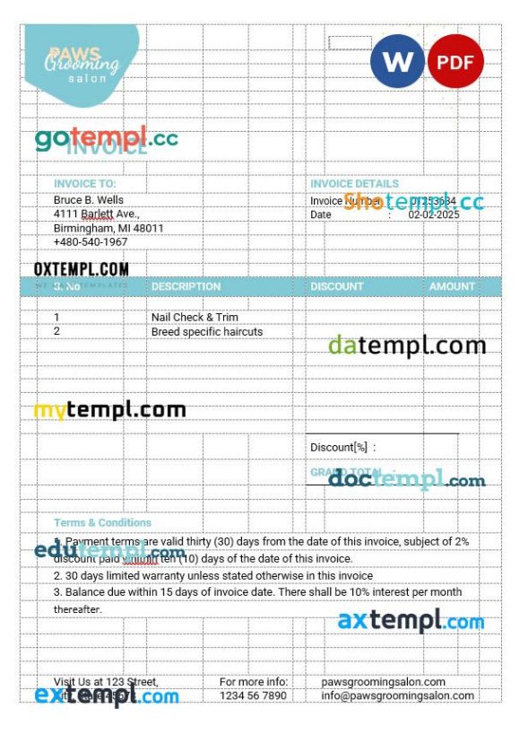 Pet Grooming Invoice example in word and pdf format