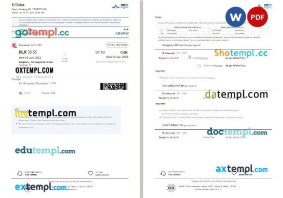 Peytm Flights - Akasa Air airplane e-ticket, Word and PDF download template, 3 pages