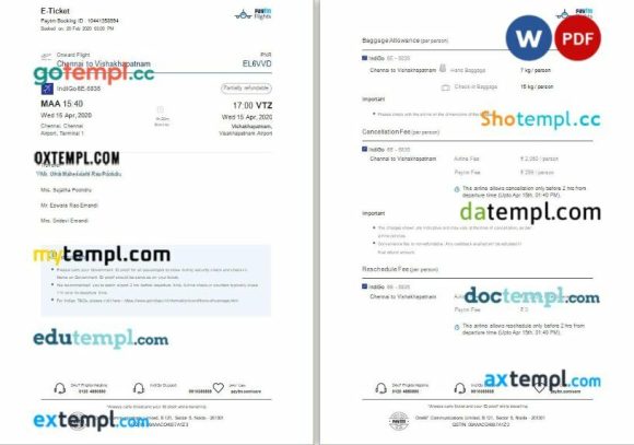 Peytm Flights - IndiGo airplane e-ticket, Word and PDF download template, 3 pages
