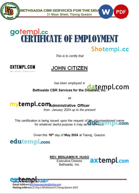 Philippines Bethsaida CBR Services for the Disabled, Inc. certificate of employment Word and PDF download template