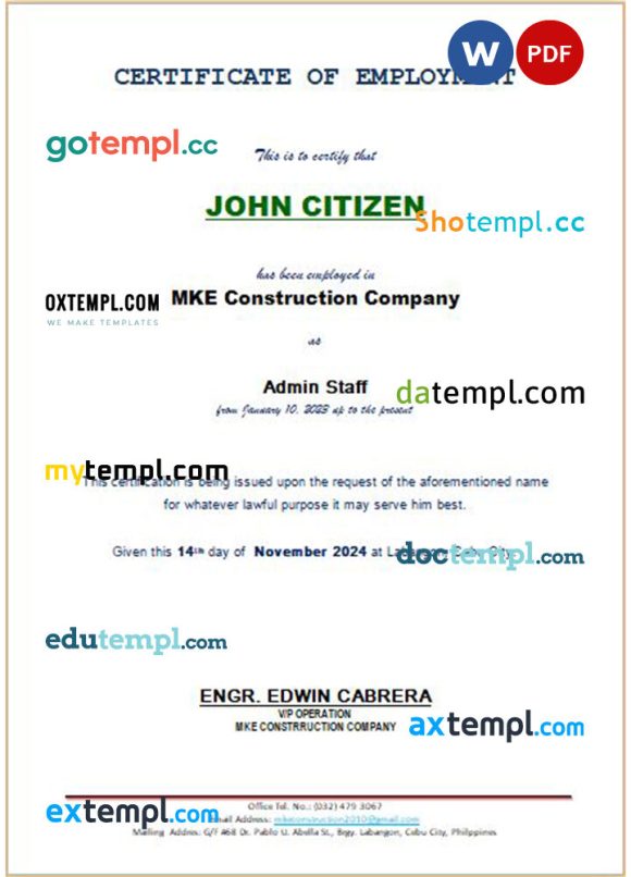 Philippines MKE Construction Company certificate of employment Word and PDF download template