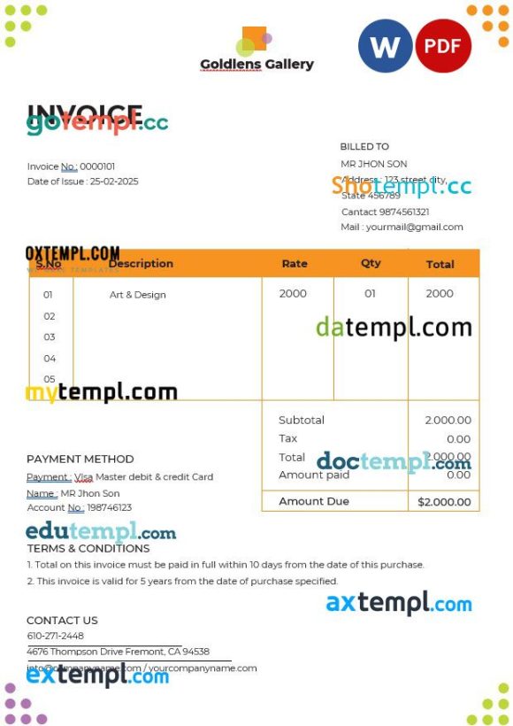 Photo Art Gallery Invoice example in word and pdf format