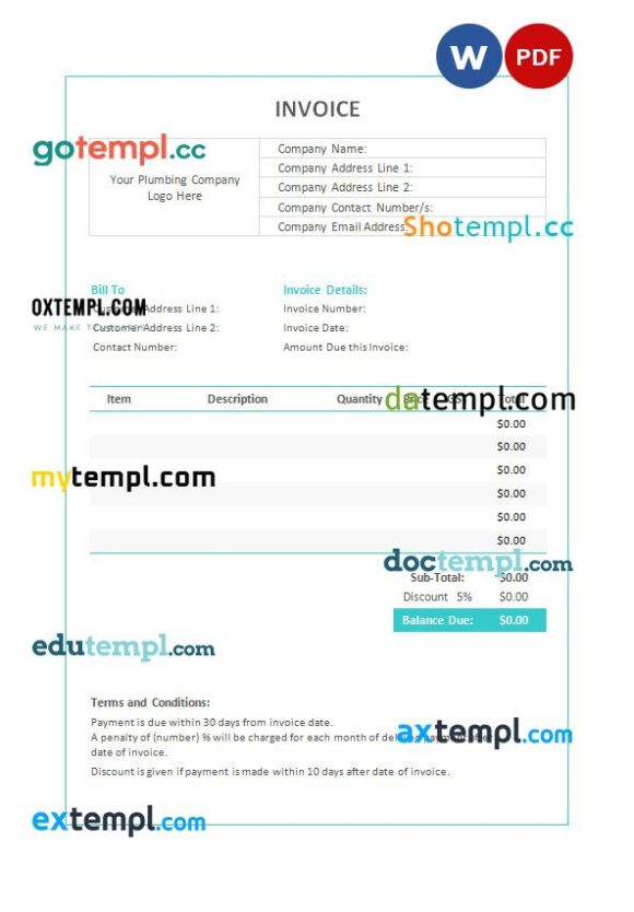 Plumbing Invoice example in word and pdf format