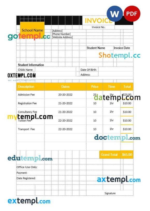 Preschool Education Invoice example in word and pdf format