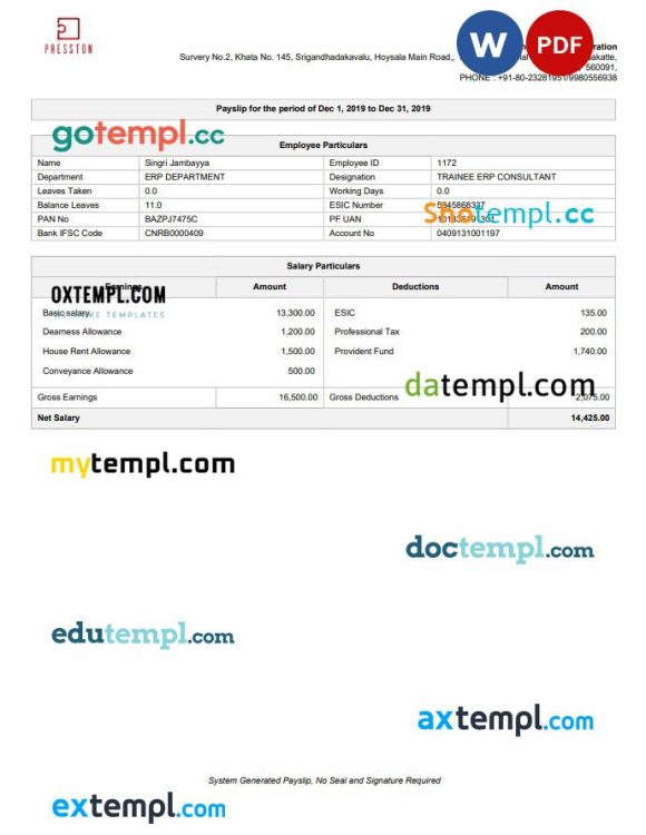 Presston Engineering Corporation pay stub in PDF and Word format