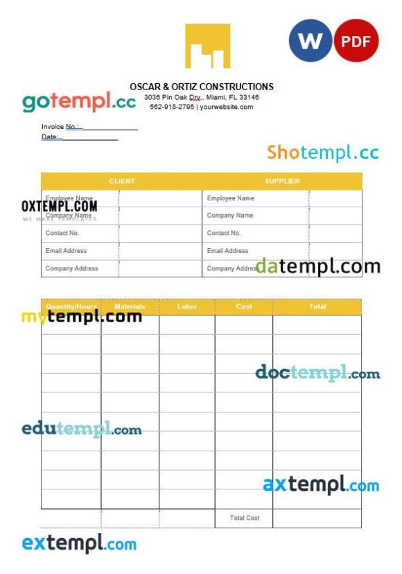 Printable Construction Invoice example in word and pdf format