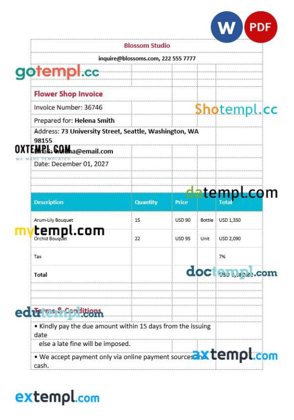 Printable Flower Shop Invoice example in word and pdf format