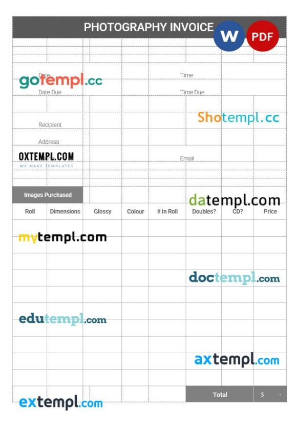 Printable Photography Invoice example in word and pdf format