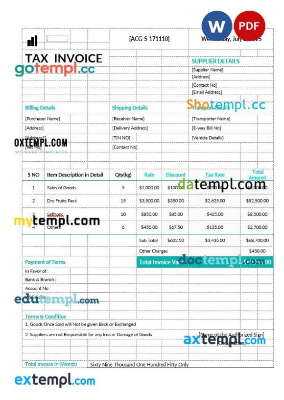 Printable Tax Invoice example in word and pdf format