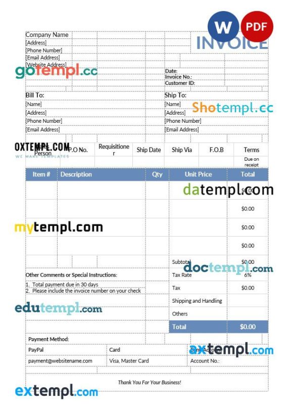 Product sales invoice example in word and pdf format