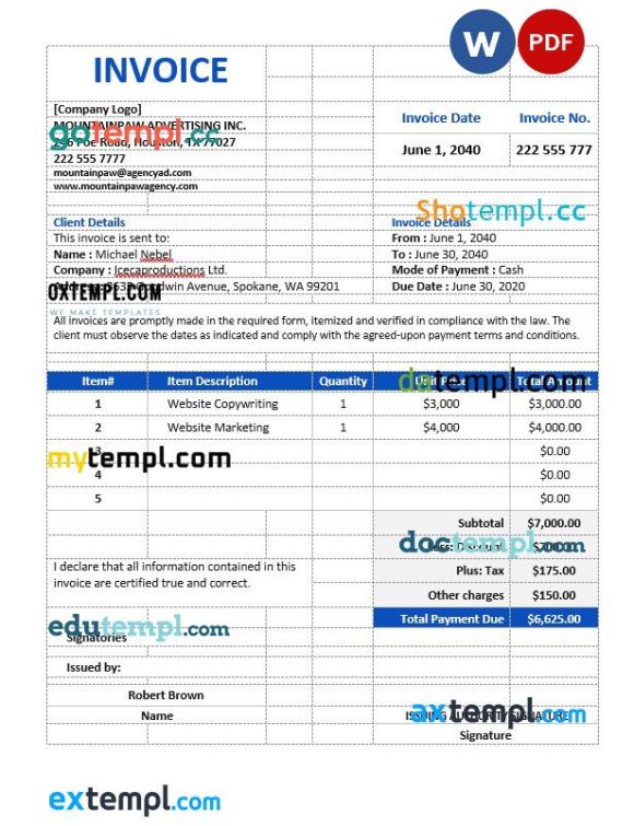Professional Advertising Agency Invoice example in word and pdf format