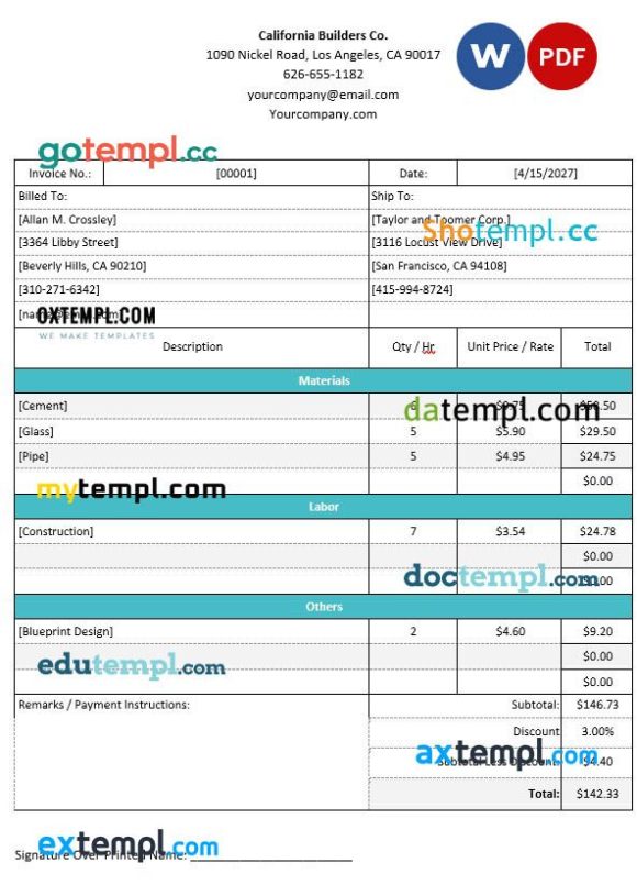 Professional Construction Invoice example in word and pdf format