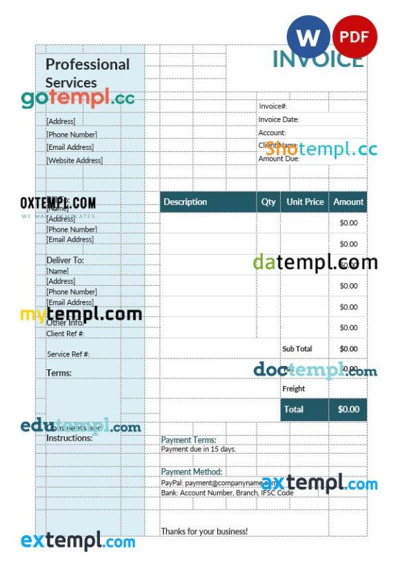 Professional services invoice example in word and pdf format