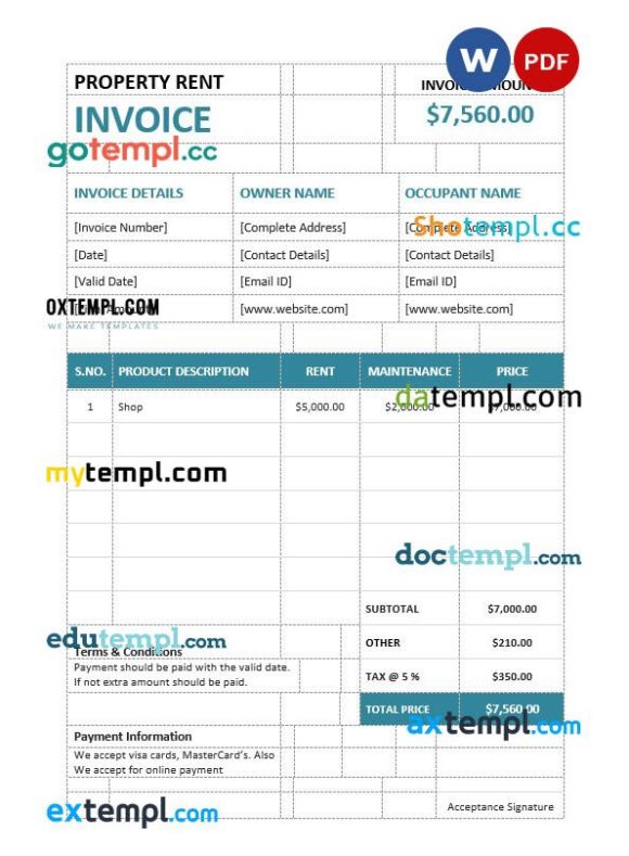 Property Rent Invoice example in word and pdf format