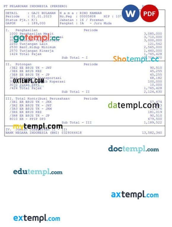 Pt pelabuhan indonesia (persero) pay stub example in PDF and Word formats