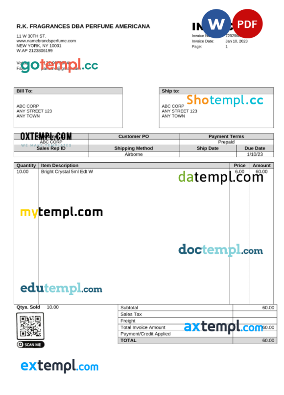 USA R.K. Fragrances DBA Perfume Americana invoice Word and PDF example