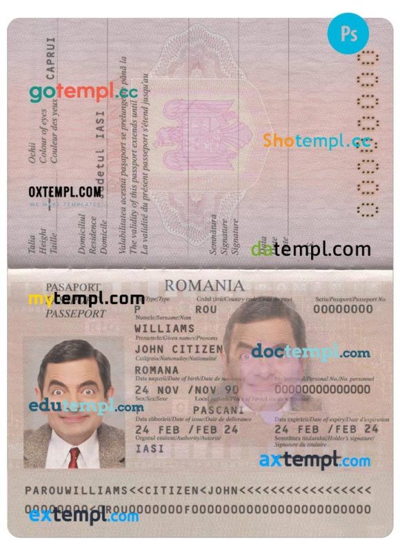Romanian passport example in PSD format, 2013 - present