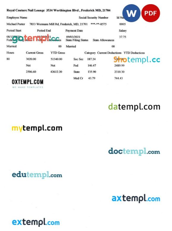 ROYAL COUTURE NAIL LOUNGE pay stub example in PDF and Word format