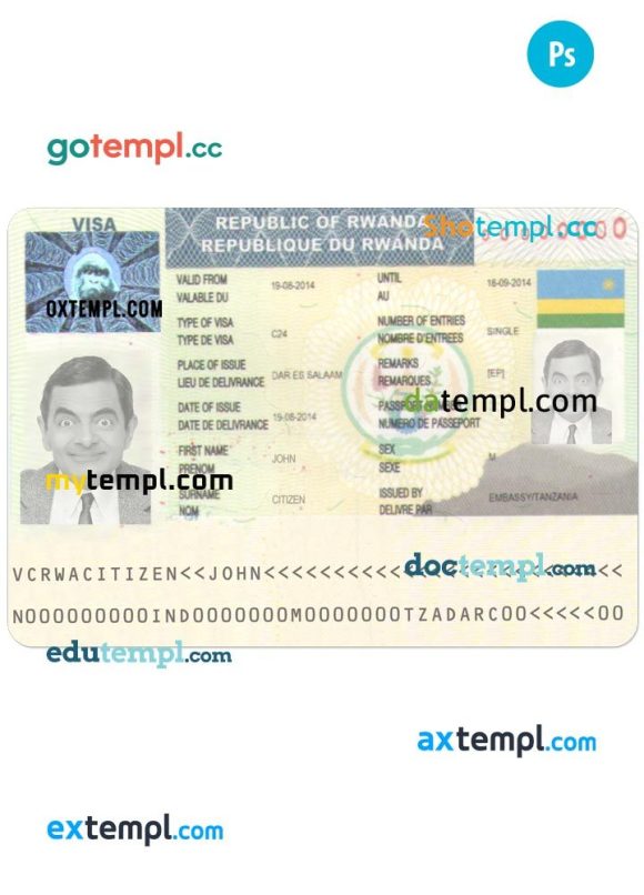 Rwanda travel visa PSD example, fully editable