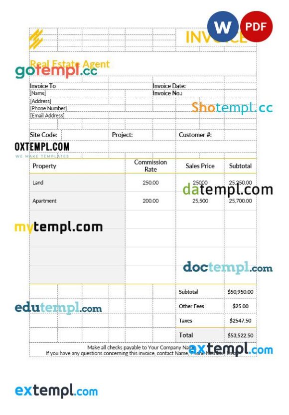 Real Estate Agent Invoice example in word and pdf format
