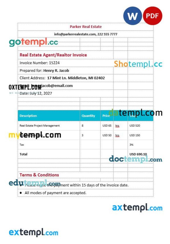 Real Estate AgentRealtor Invoice example in word and pdf format