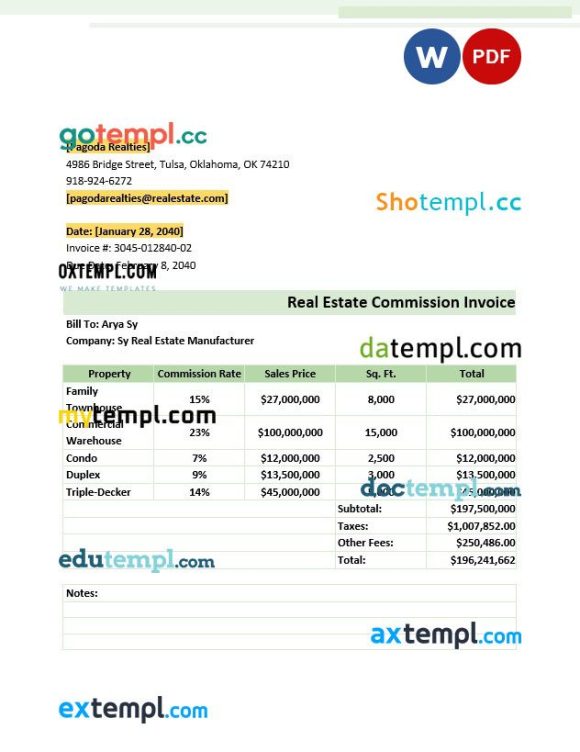 Real Estate Commission Invoice example in word and pdf format