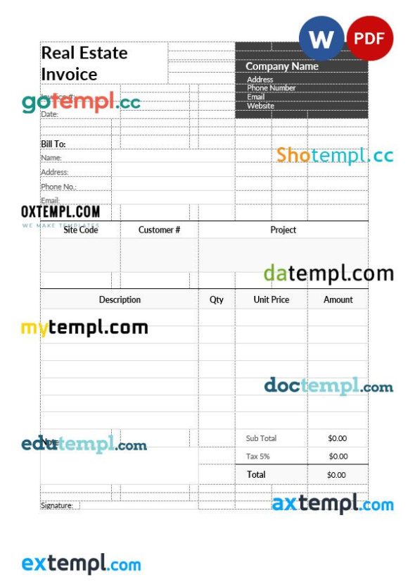 Real Estate Invoice example in word and pdf format